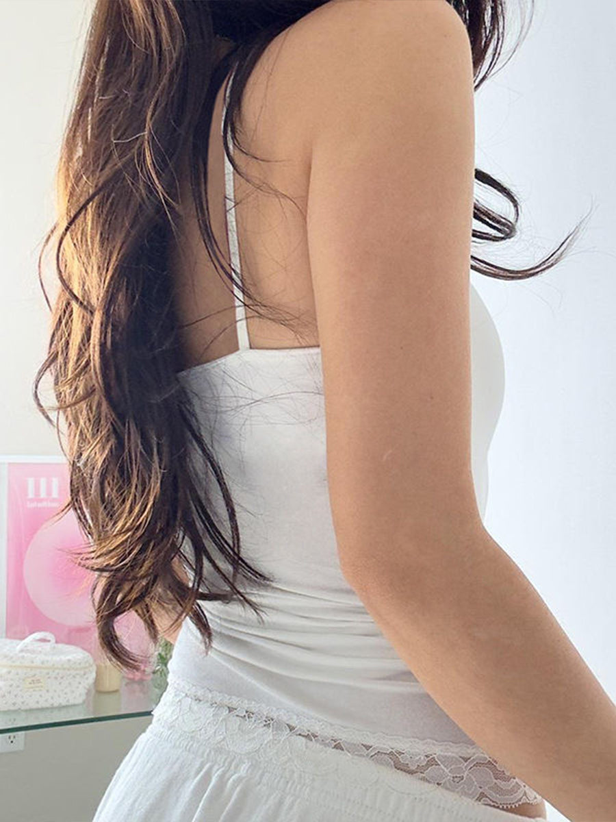 Lace Splicing Solid Color Floral Bow Cami Top