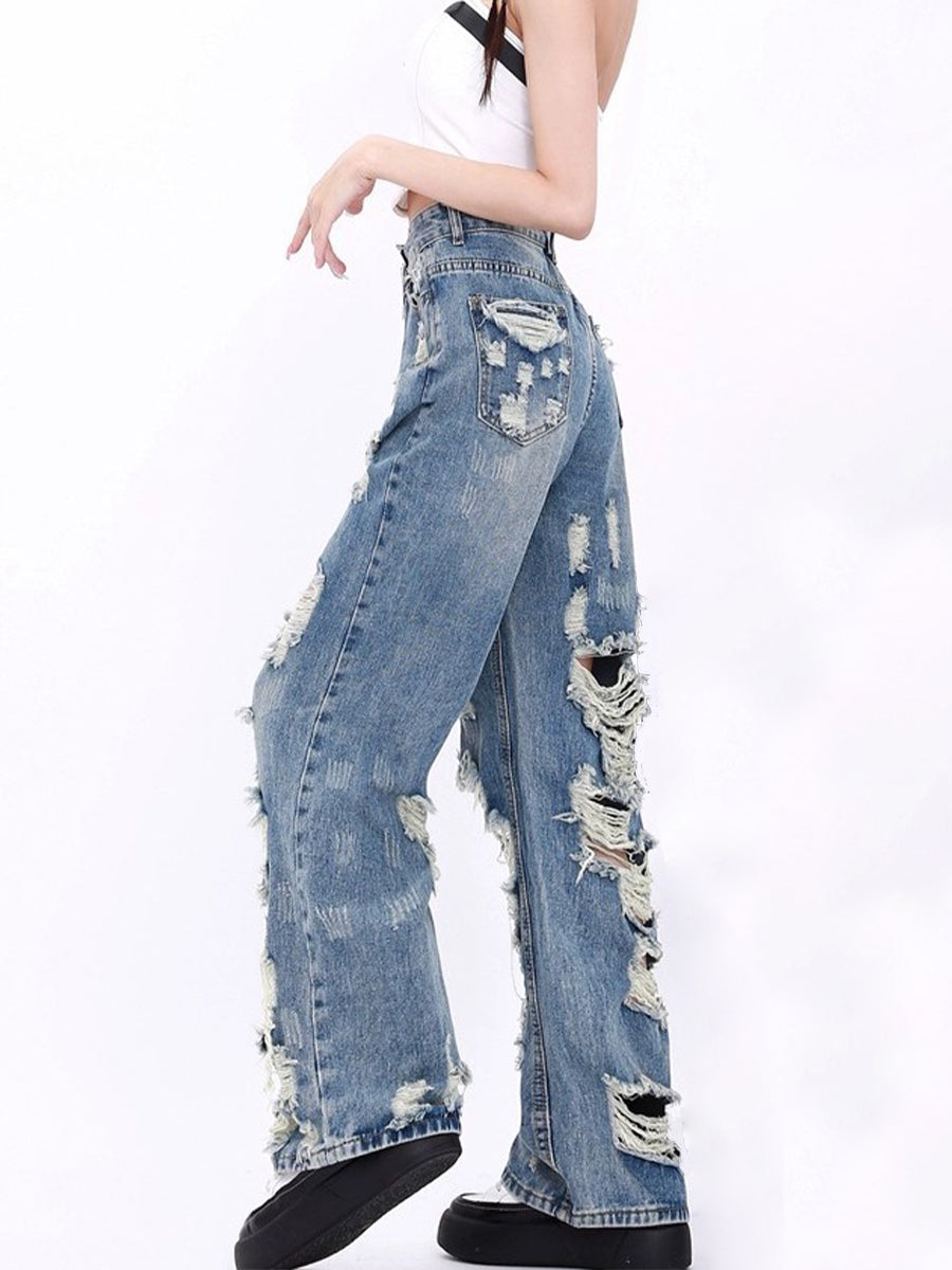 High-Waisted Ripped Baggy Wide-Leg Jeans