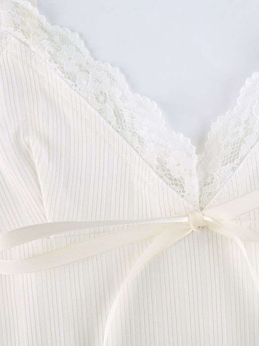 Lace Patchwork Bow Tie Crop Top