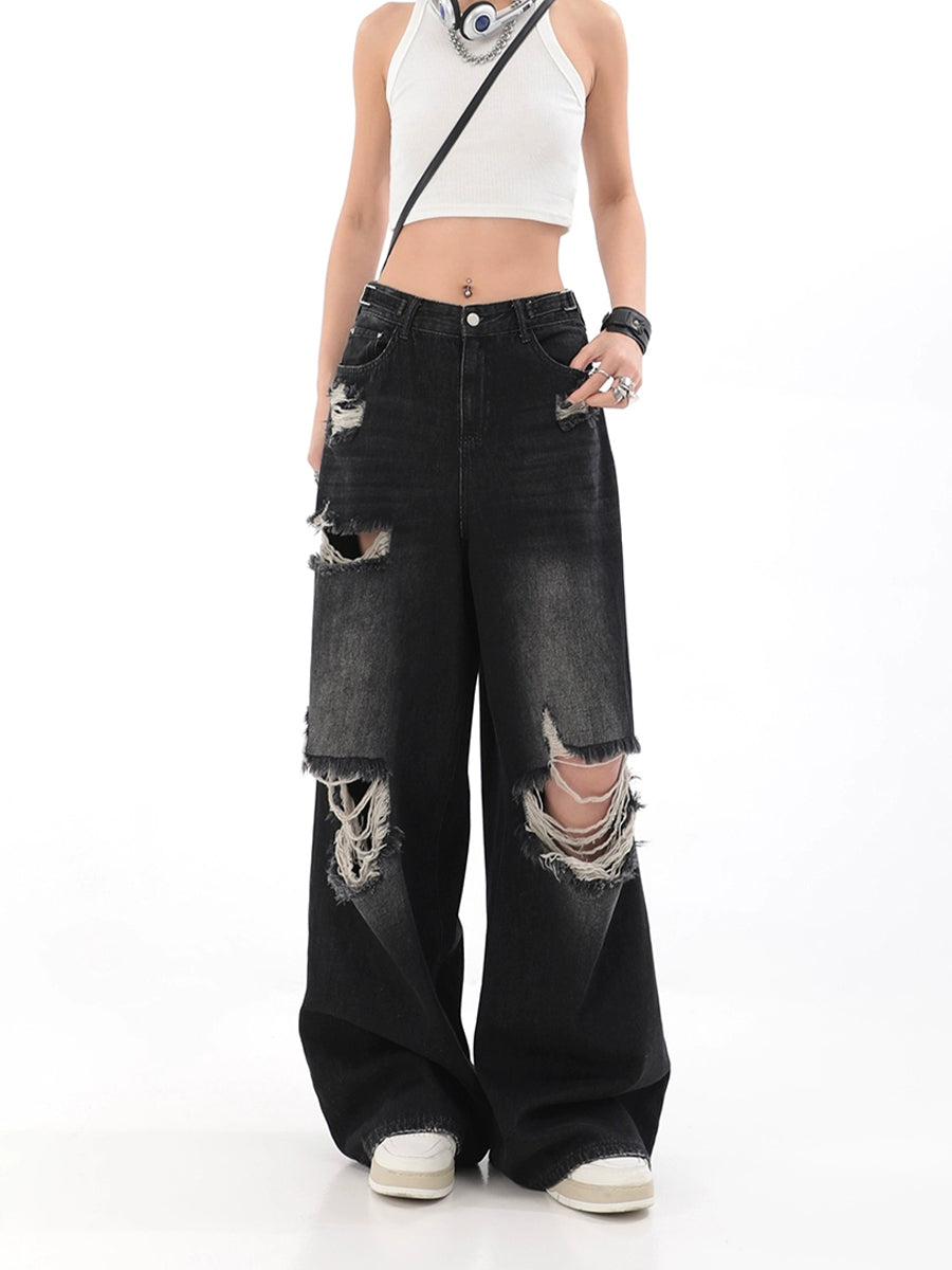 Vintage Ripped Denim Straight Loose Jeans