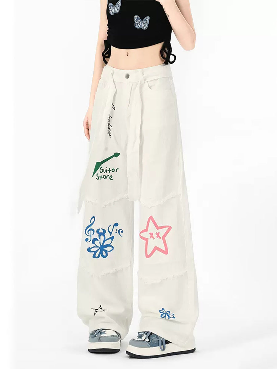 Pentagram Butterfly Print Denim Loose Pants