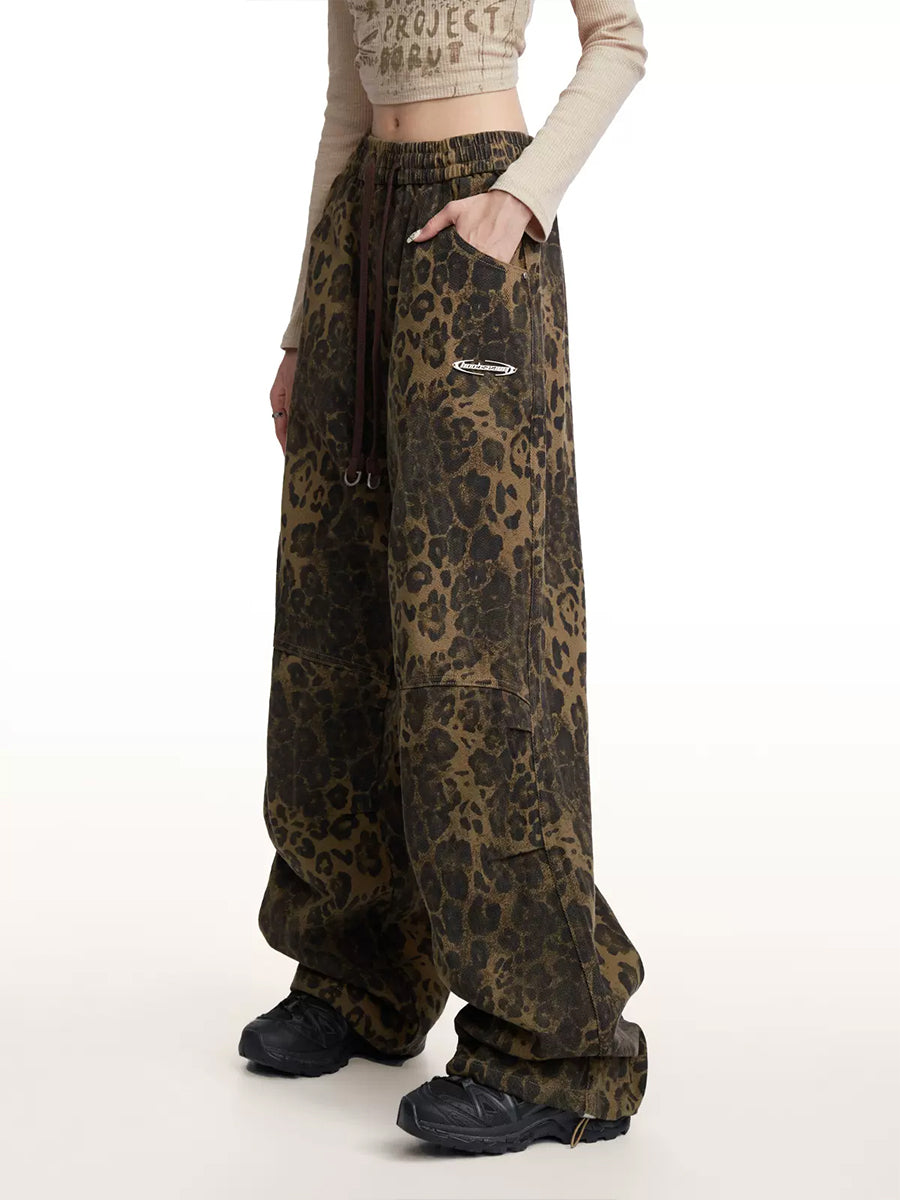 Leopard Print Hip Hop Loose Straight Elastic Banded Waist Wide Leg Pants