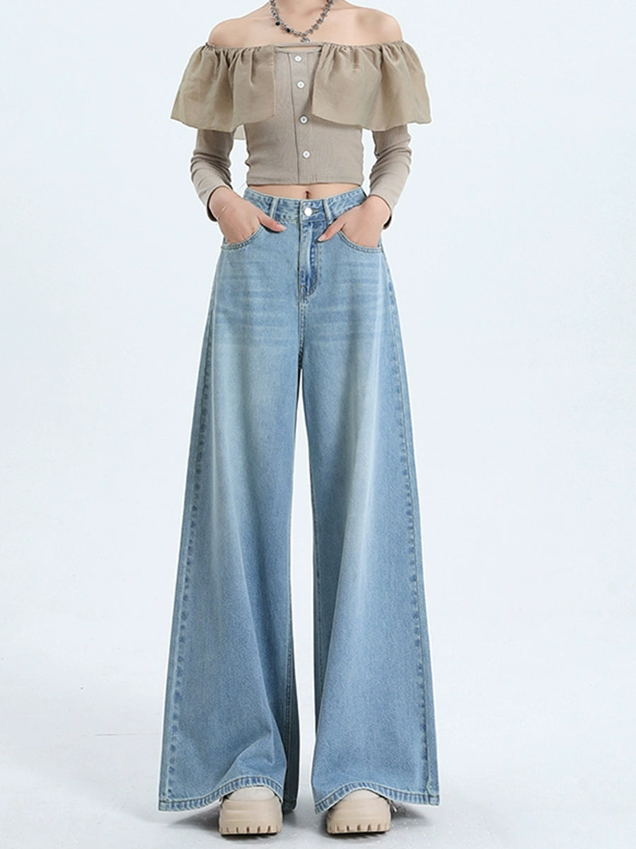 Solid Color Relaxed Fit High Rise Jeans Denim Pants