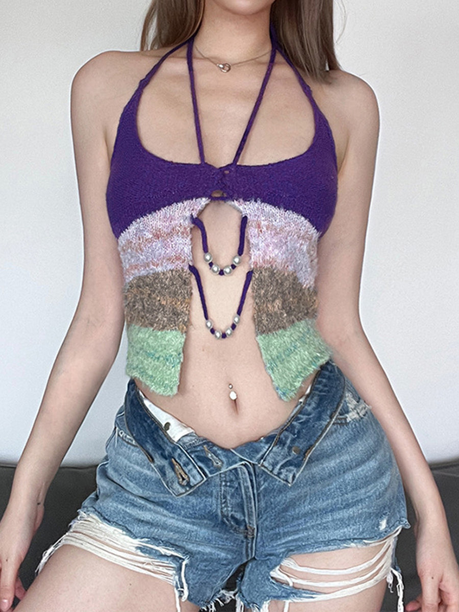 Colorful Pearl Knit Halter Top