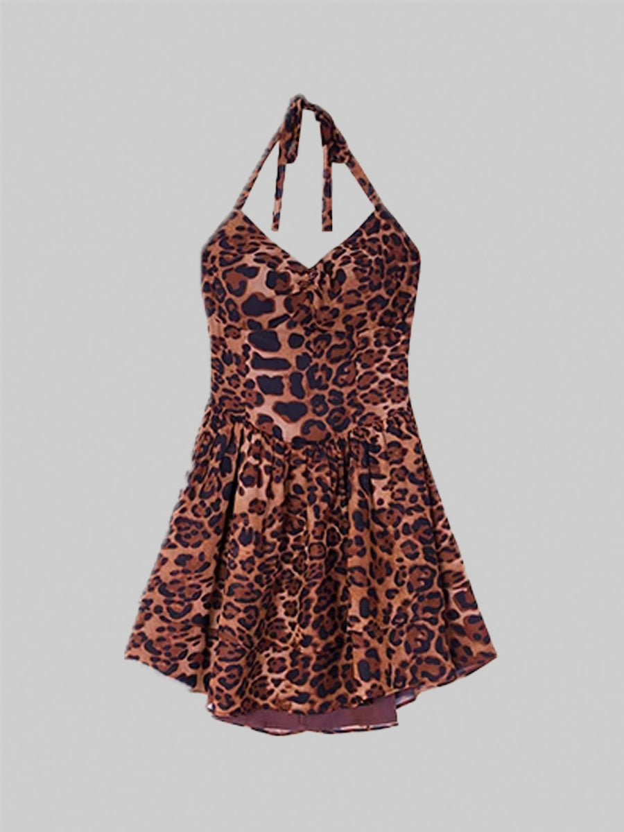 Brown Leopard Print Halter Dress