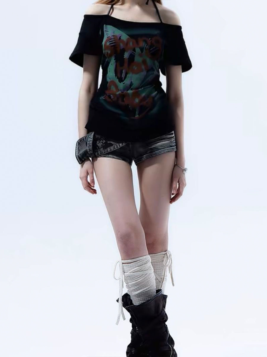 Graffiti Letter Print Short Sleeve Top