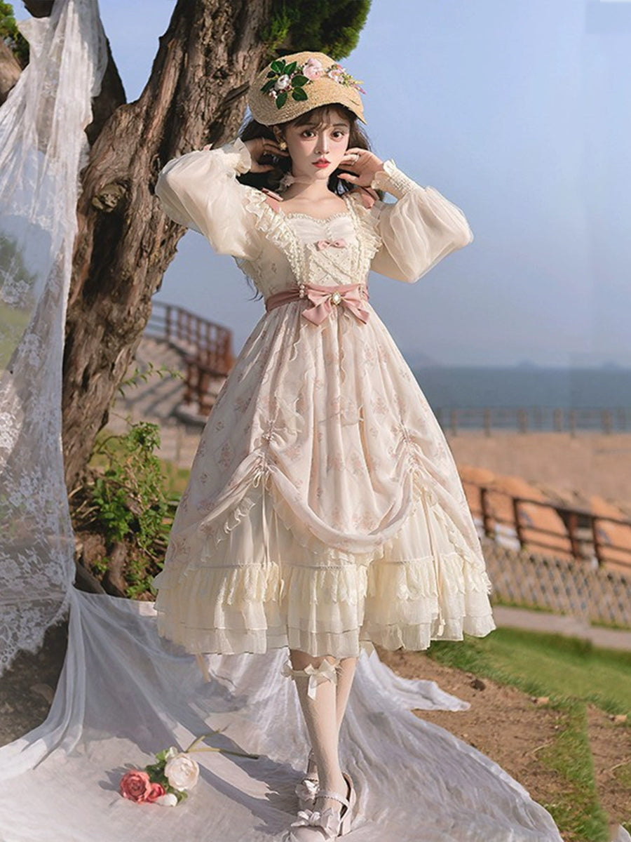 Girls Lolita Princess Dress Kawaii Long Sleeve Chiffon Skirt Cute Girl Dress