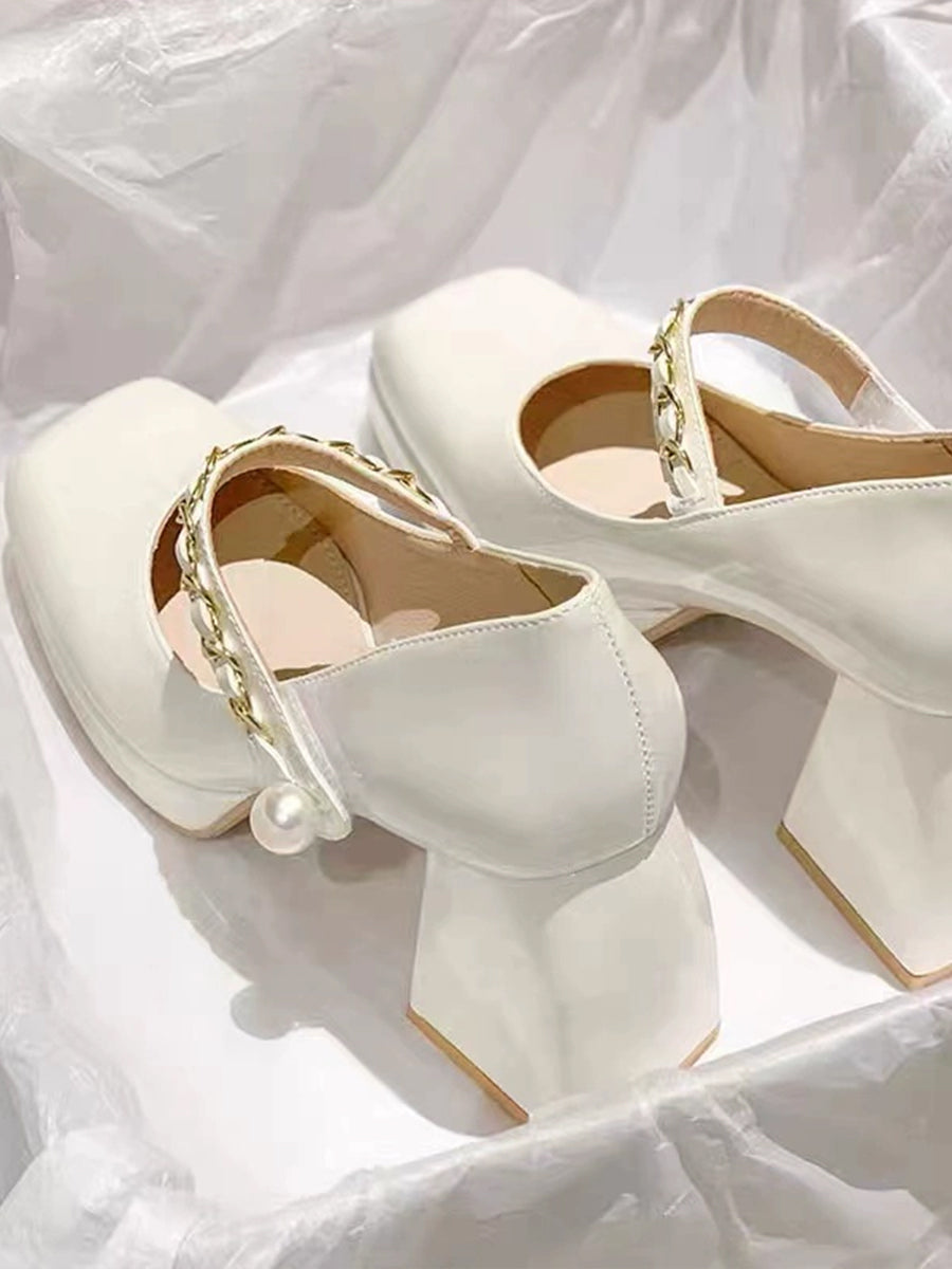 Metal Chain Pearl Chunky Heel Mary Jane Pumps