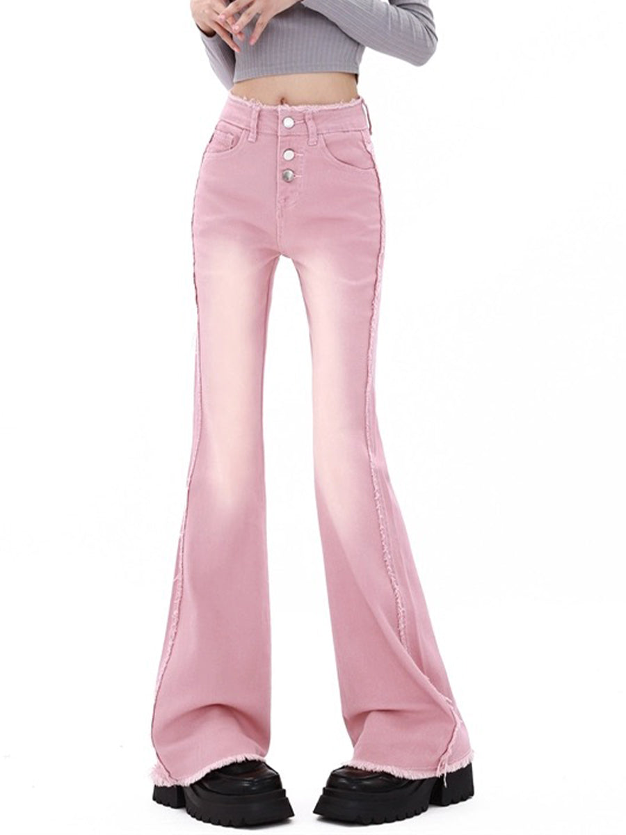 Raw Edge Pink Slim Fit High Waist Jeans