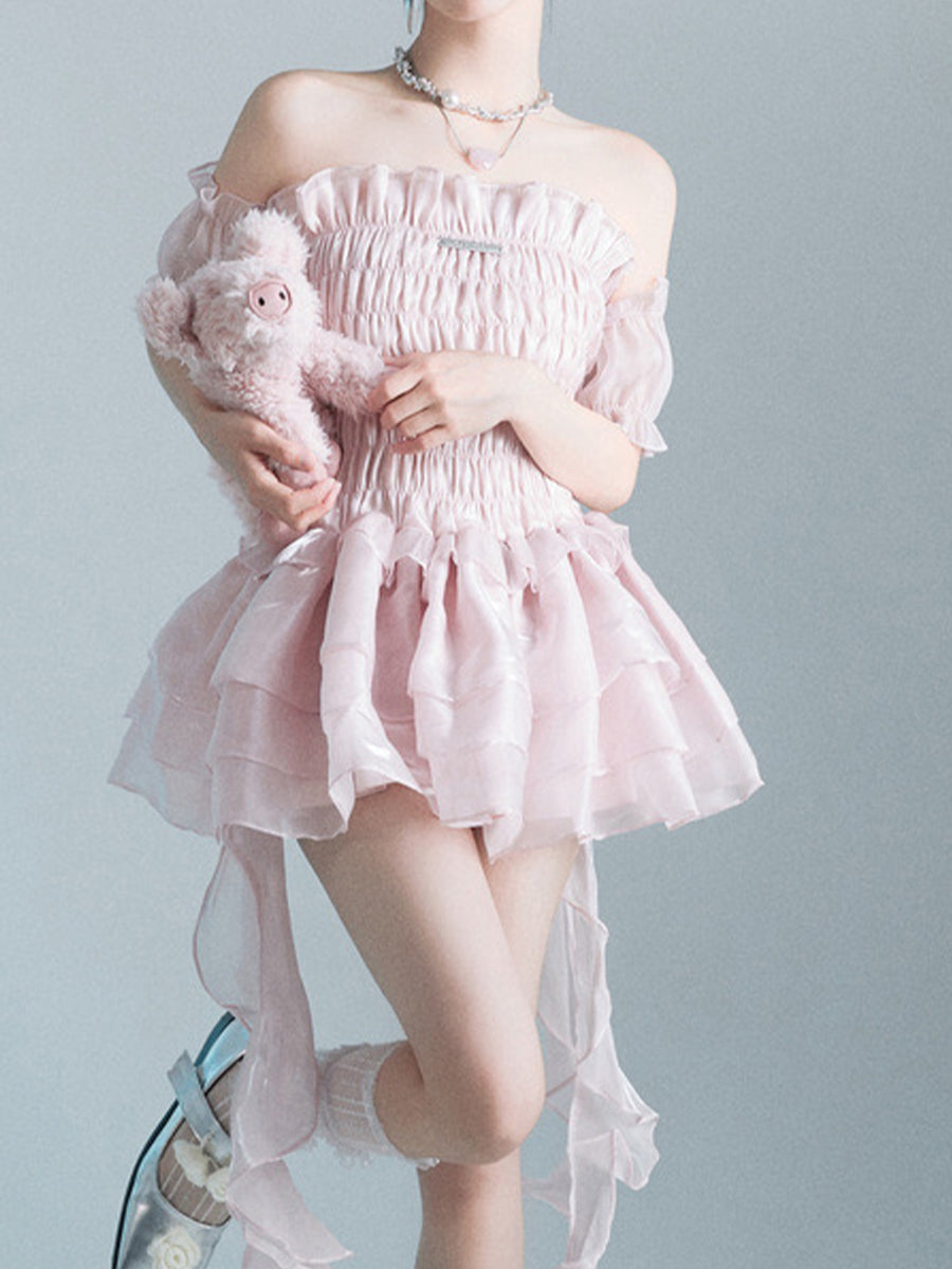 Irregular Fluffy Pink Organza Dress