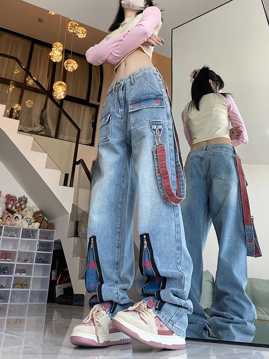 Zipper Hem Blue Denim Jeans