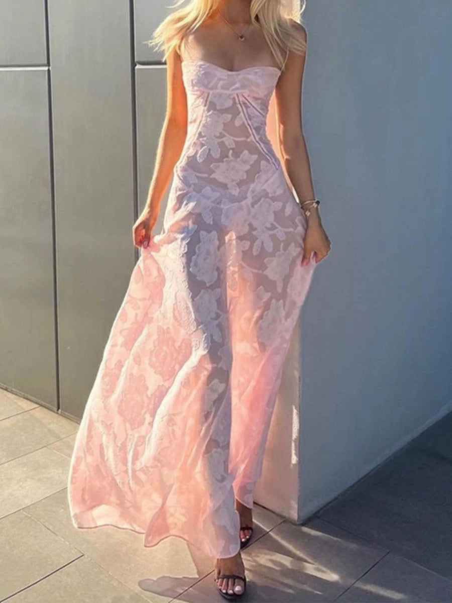 Sheer Lace Pink Floral Midi Dress