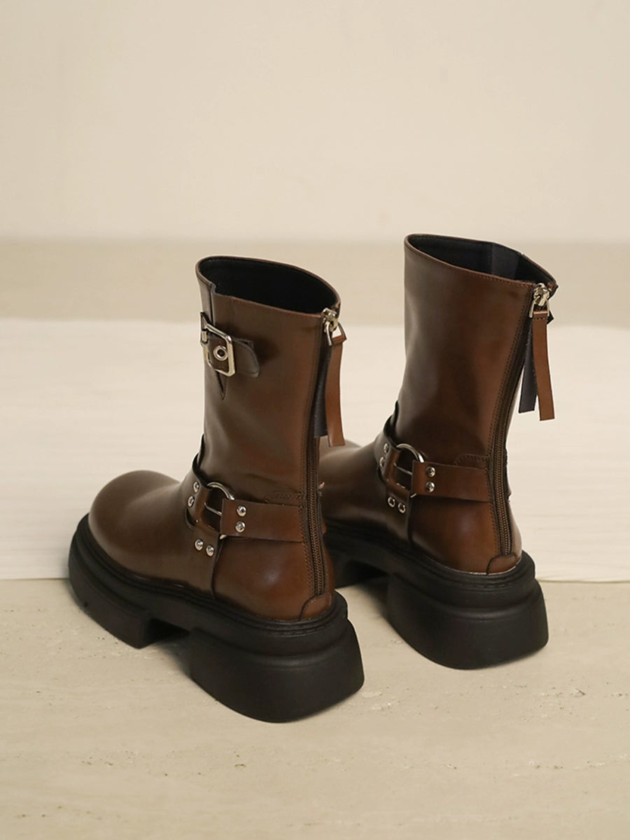Women's Western Buckle Straps Chunky Heeled Side Zip Boots