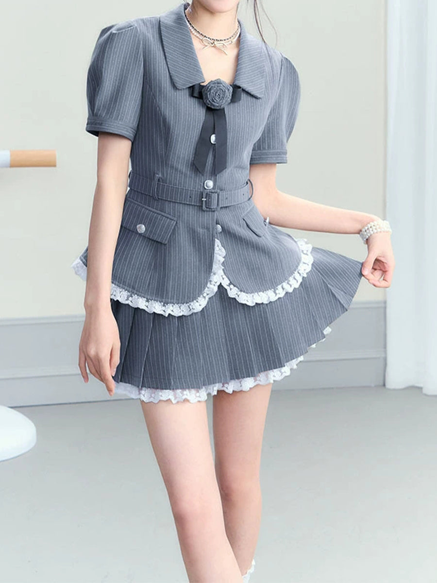 Striped Gray Top + Pleated Skirt with Tie Set