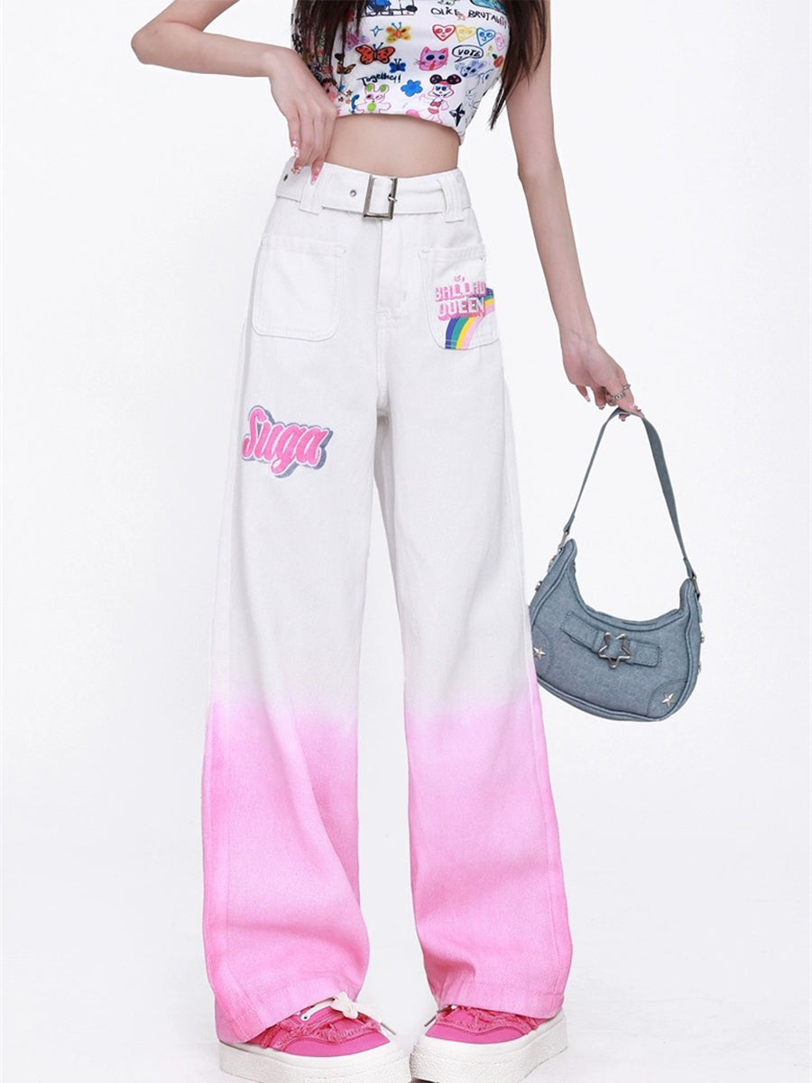 Gradient Color Cartoon Print Cargo Jeans Pants