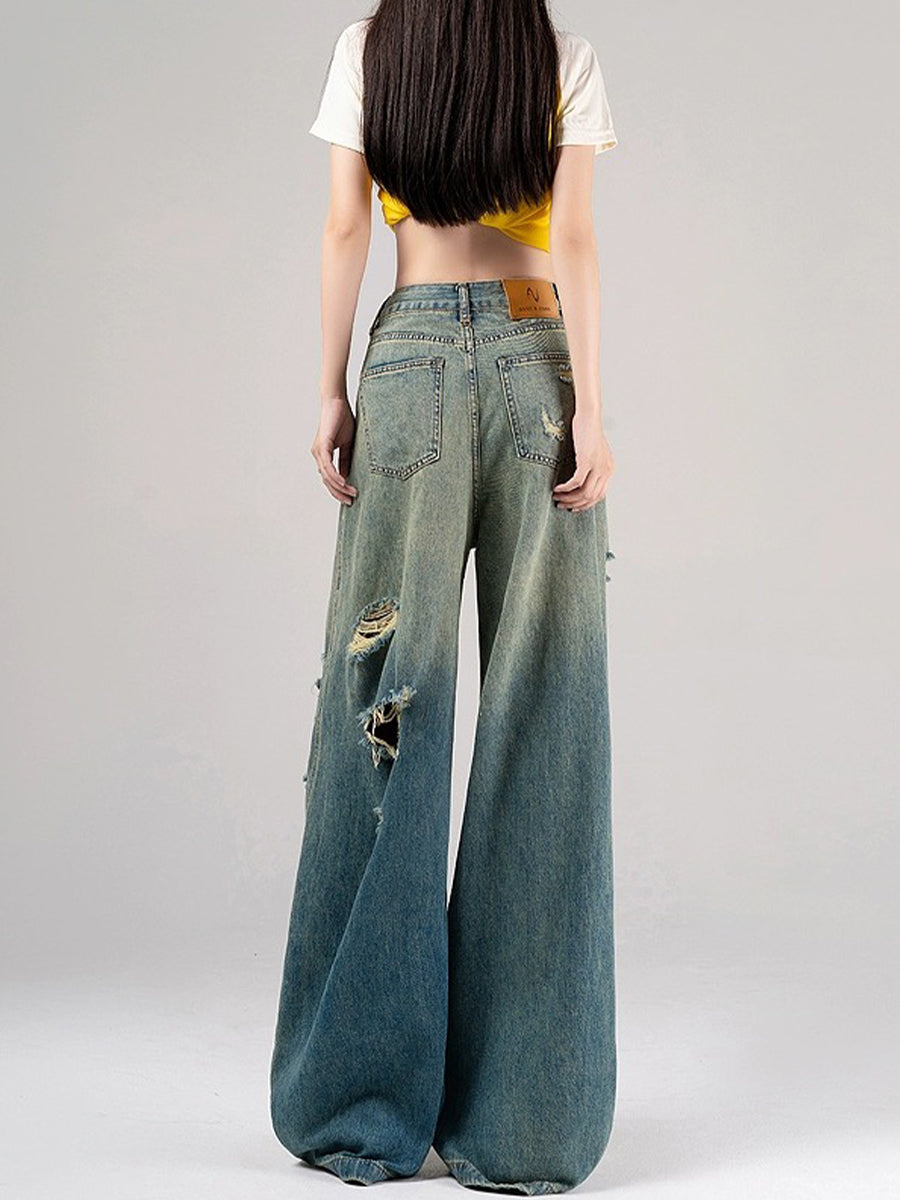 High Waisted Loose Distressed Ripped Denim Jeans