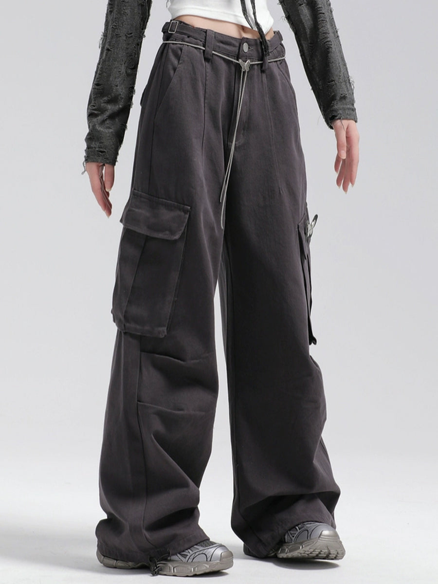 Solid Color Cargo Butterfly Decoration Loose Casual Pants with Butterfly Chain Belt