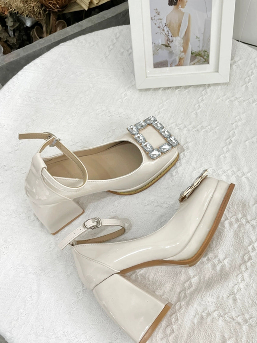 Light Crystal Embellished Square Toe Mary Jane Heels Shoes