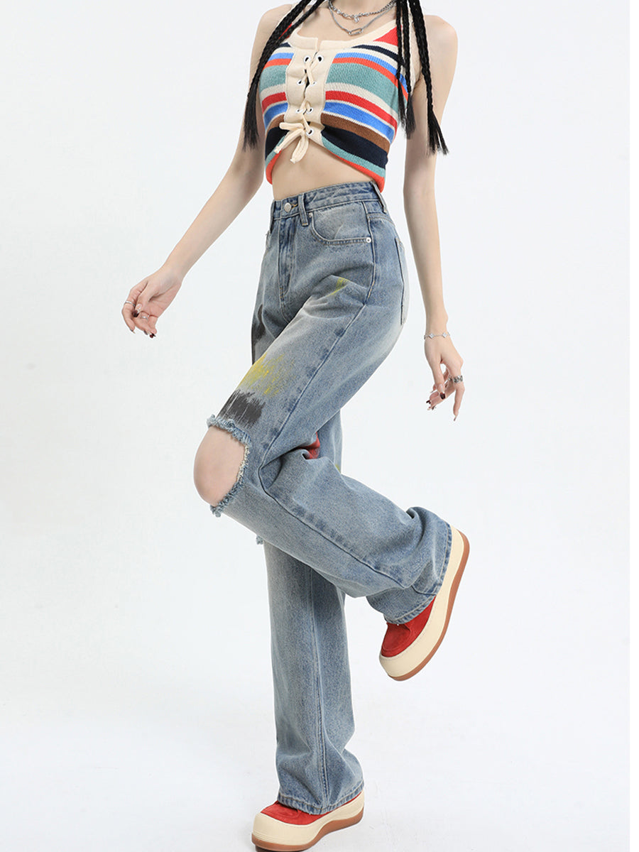 Graffiti Ripped Denim Jeans