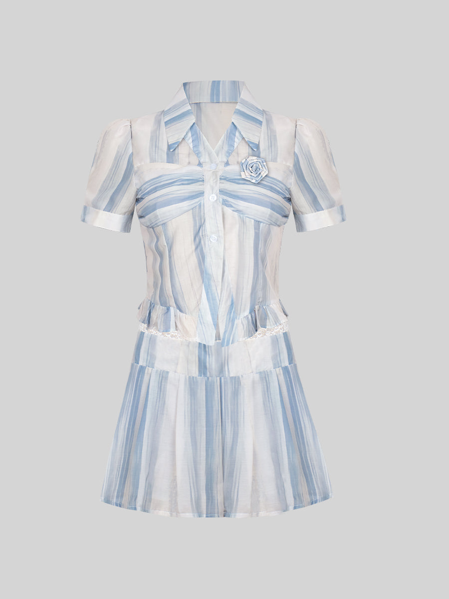 Blue Bubble Sleeve Plaid Shirt Top + Skirt Set