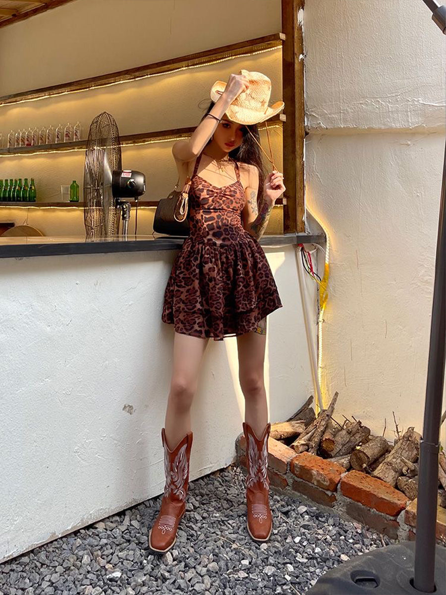 Brown Leopard Print Halter Dress