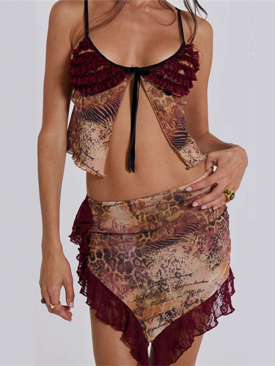Red Lace Patchwork Print Chiffon Camisole Top + Skirt Two Piece Set