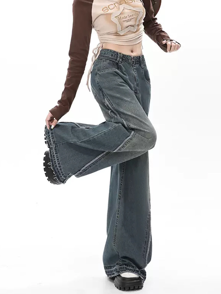 Solid Color Loose Raw Hemmed Long Jeans