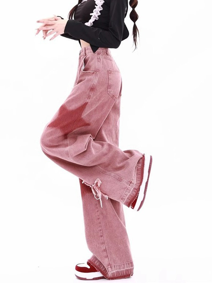 Pink Stars Raw Hem Loose Fit Denim Jeans