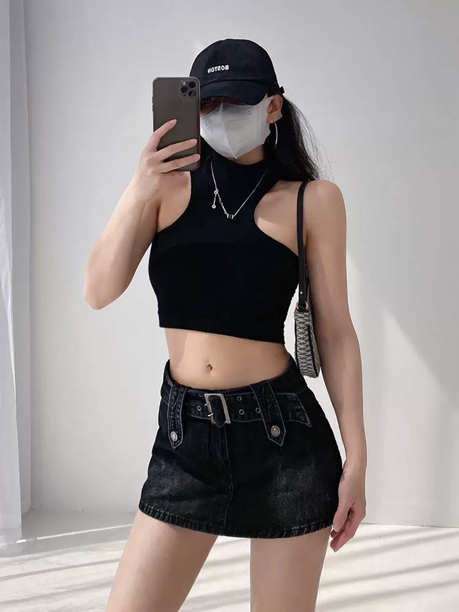 Midi Neck Solid Color Strapless Top