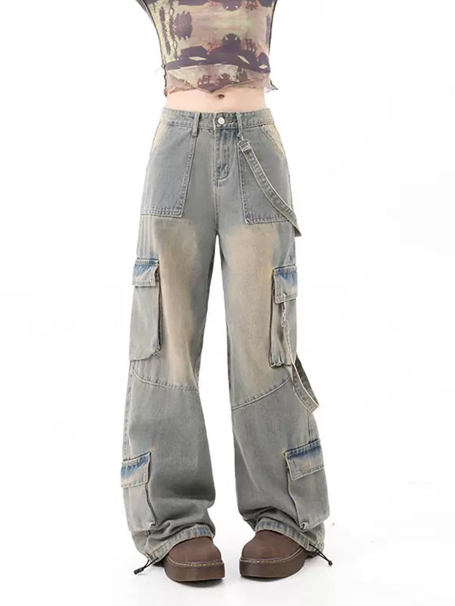 Y2K High Waist Flap Pocket Cargo Denim Jeans