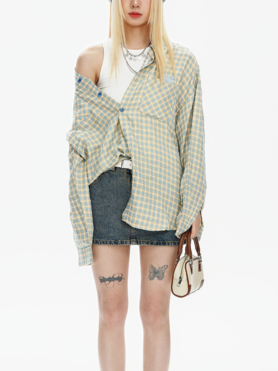 Vintage Plaid Long Sleeve Loose Shirt Double Pocket Top