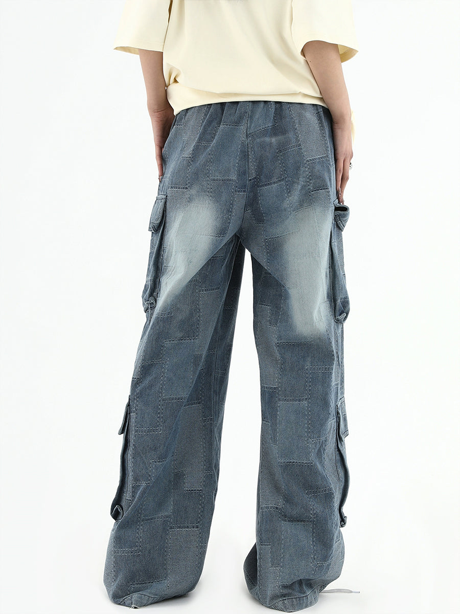 Street Blue Multi Pocket Loose Plaid Casual Jeans