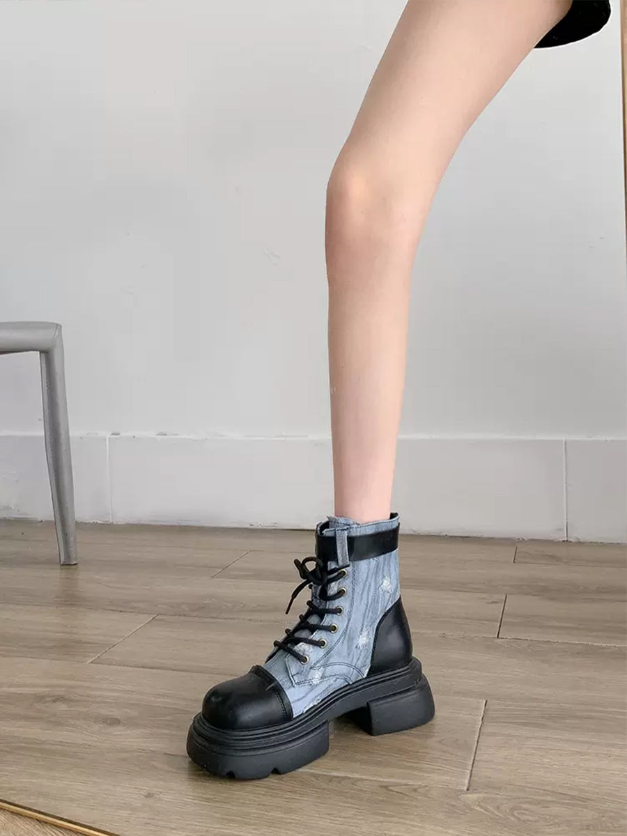 Women's Western Vintage Ribbed Patchwork Sock Style Denim Slip Resistant Sole Chunky Heel Ankle Boots