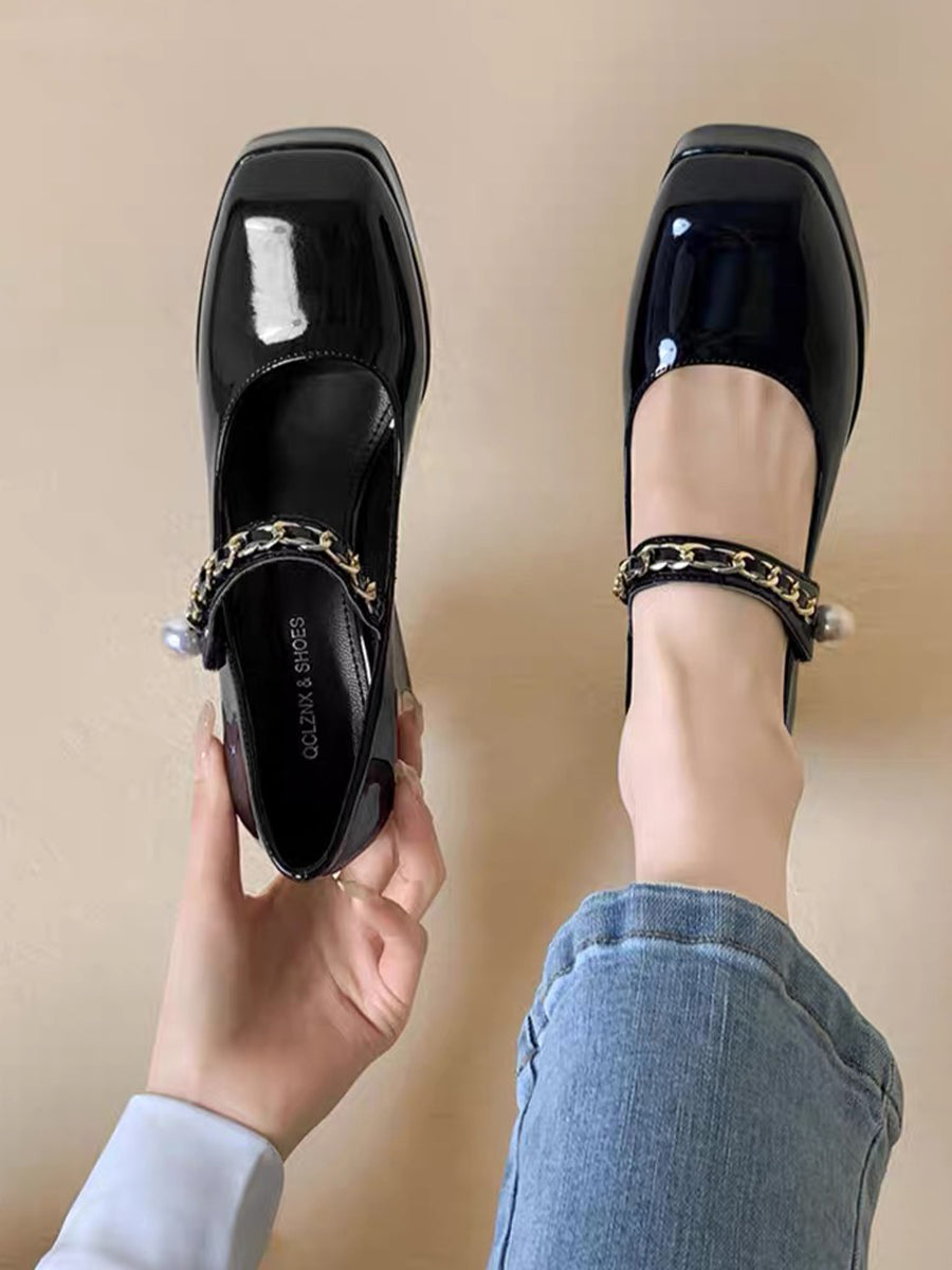 Metal Chain Pearl Chunky Heel Mary Jane Pumps