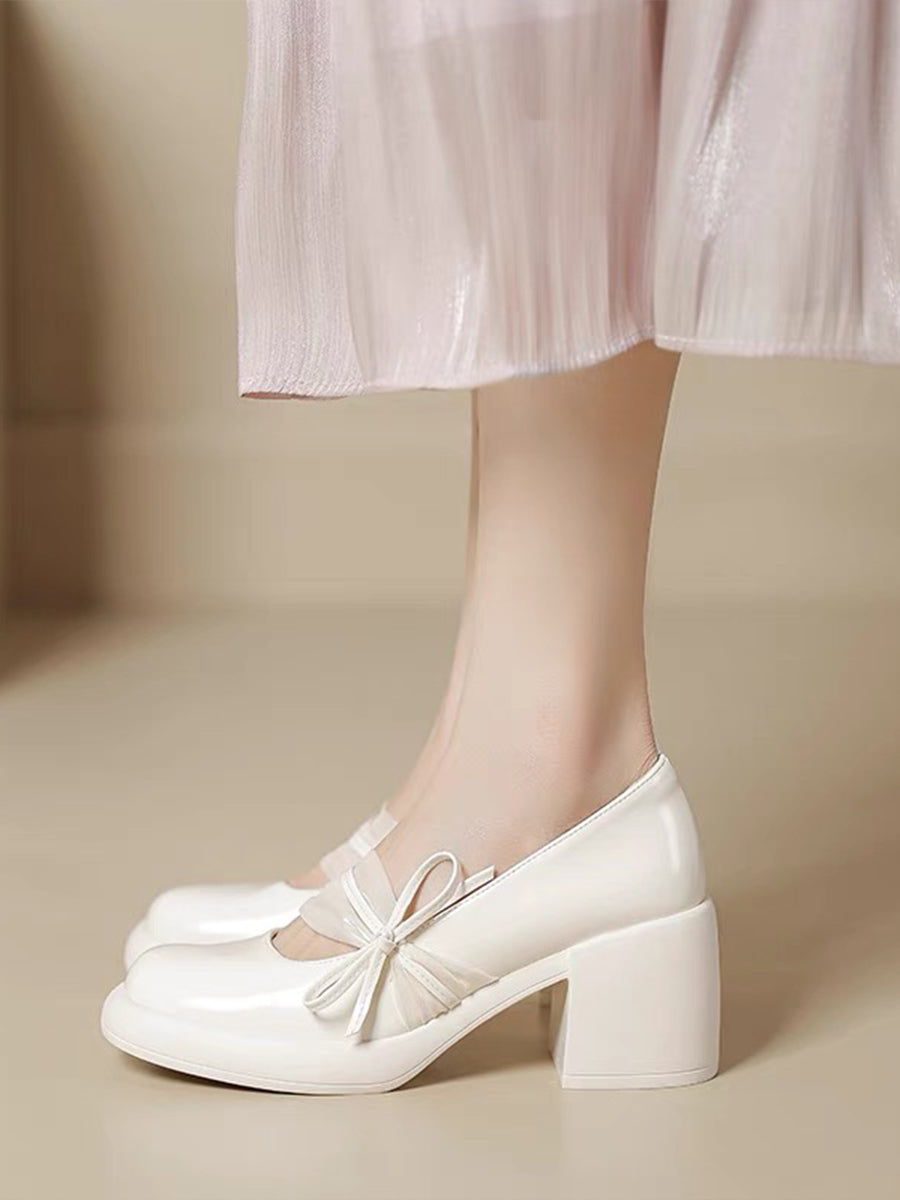 Ribbon-tie Mary Jane Pumps in White