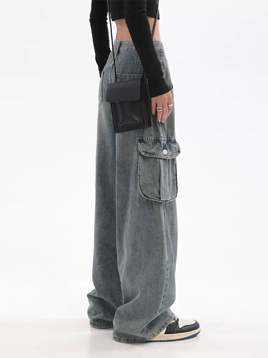 Vintage Light Blue Irregular Loose Cargo Jeans