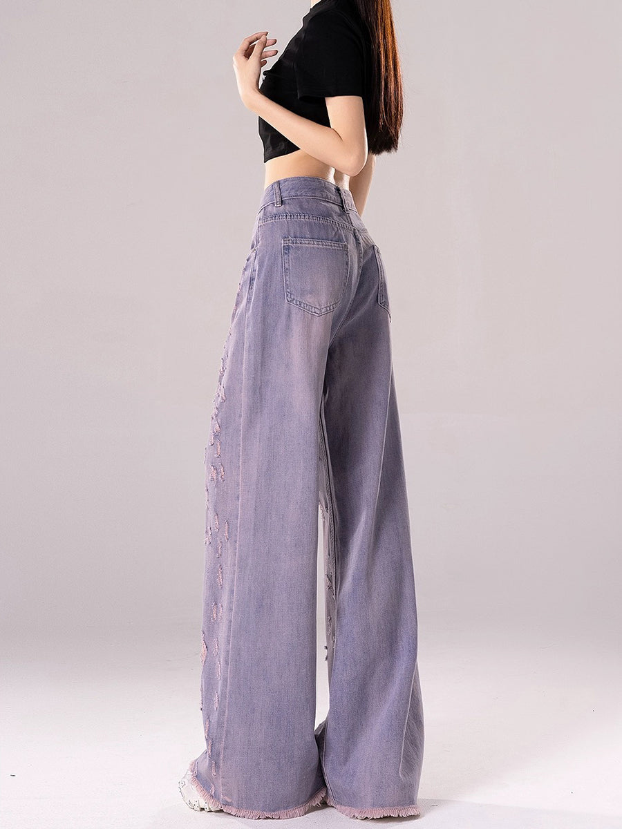 High Waist Purple Ripped Loose Denim Jeans