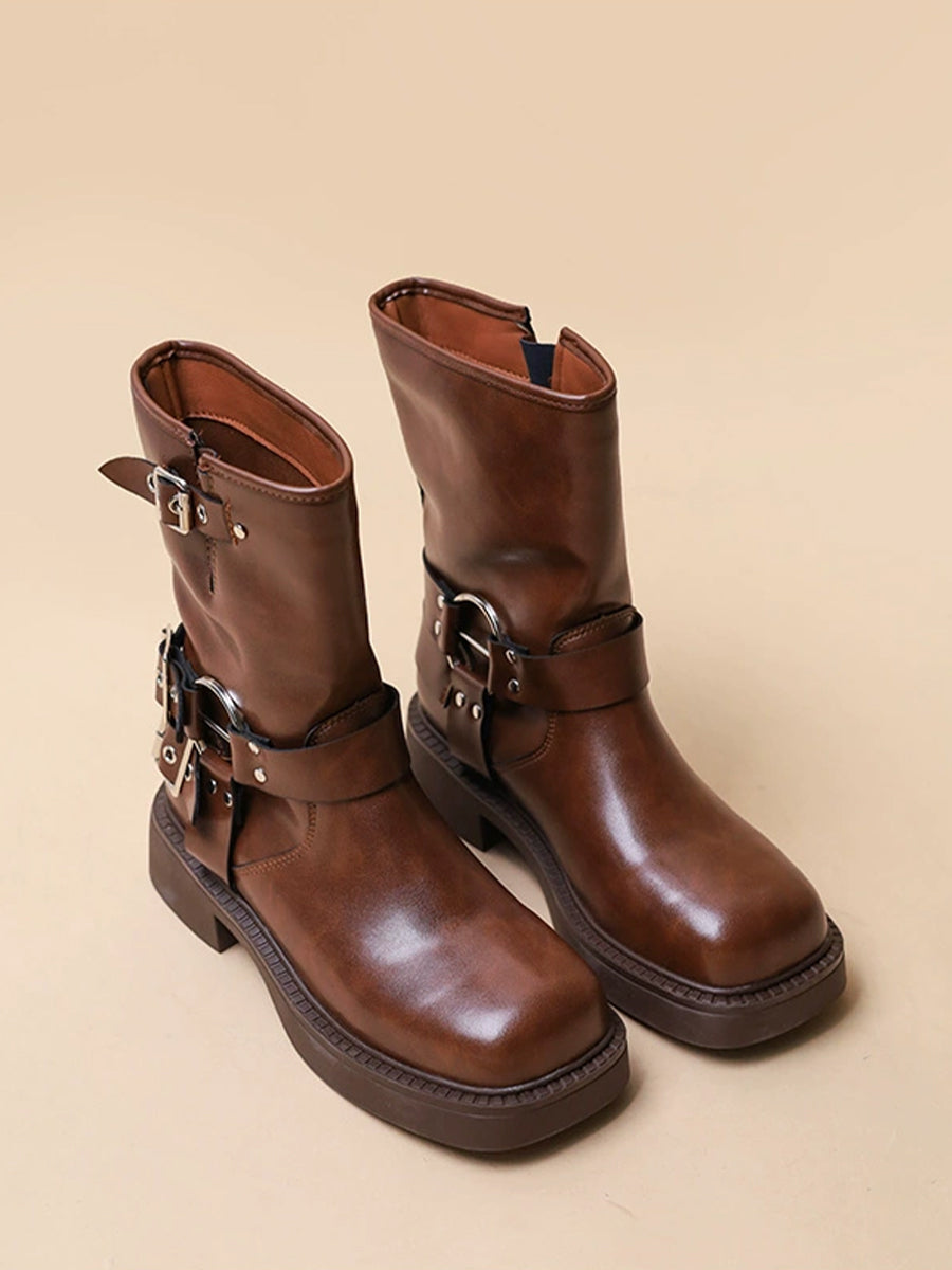 Women's Western Buckle Straps Chunky Heeled Side Zip Boots