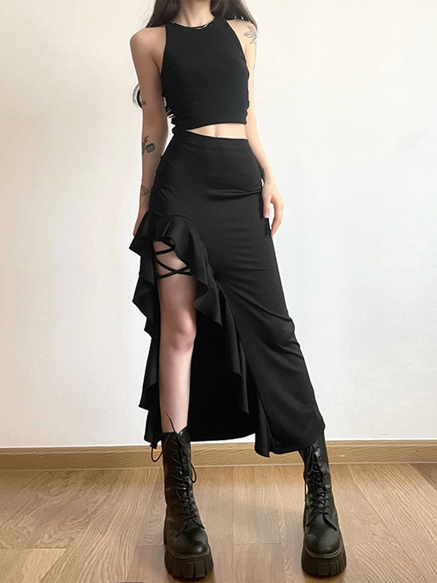 Black Slim Irregular Hem Midi Skirt