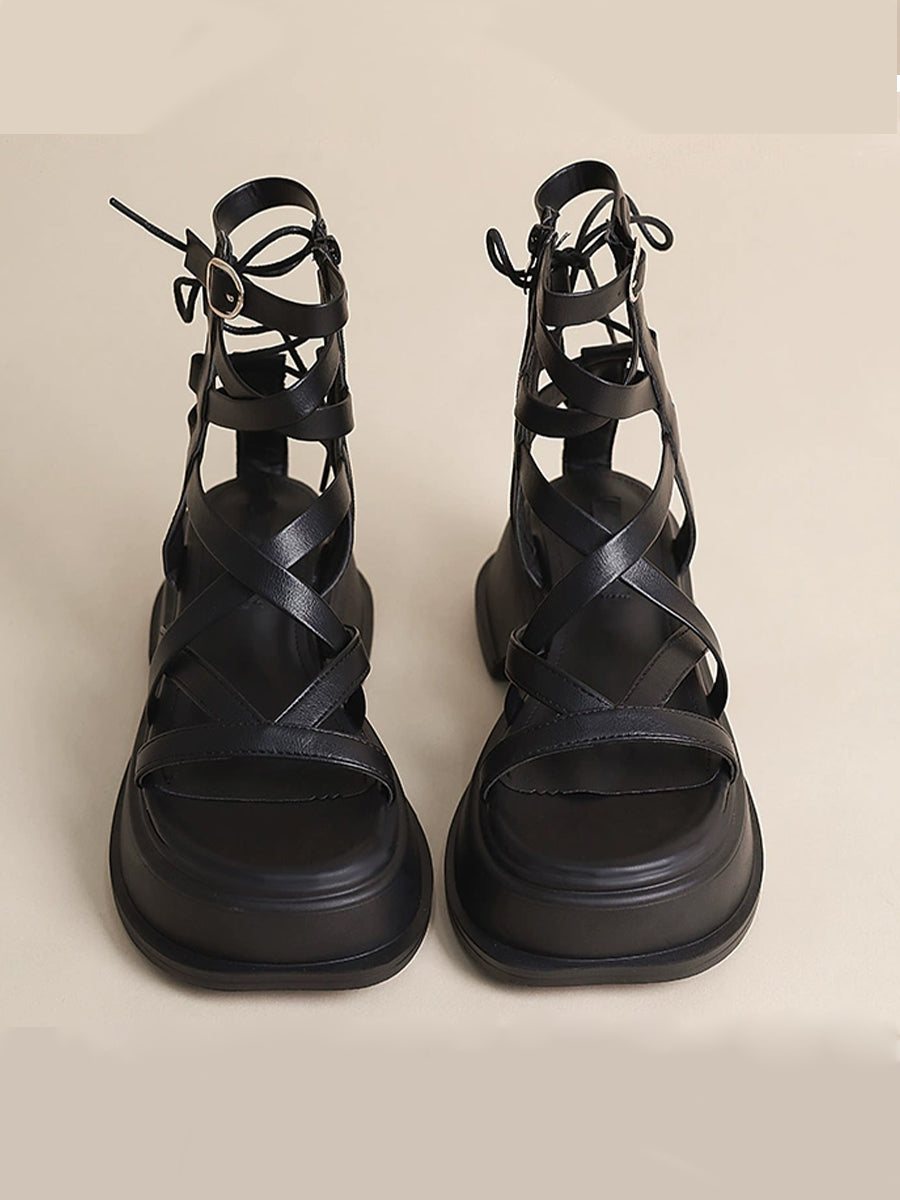 Criss Cross Chunky Heel Black And White Zipper Sandals