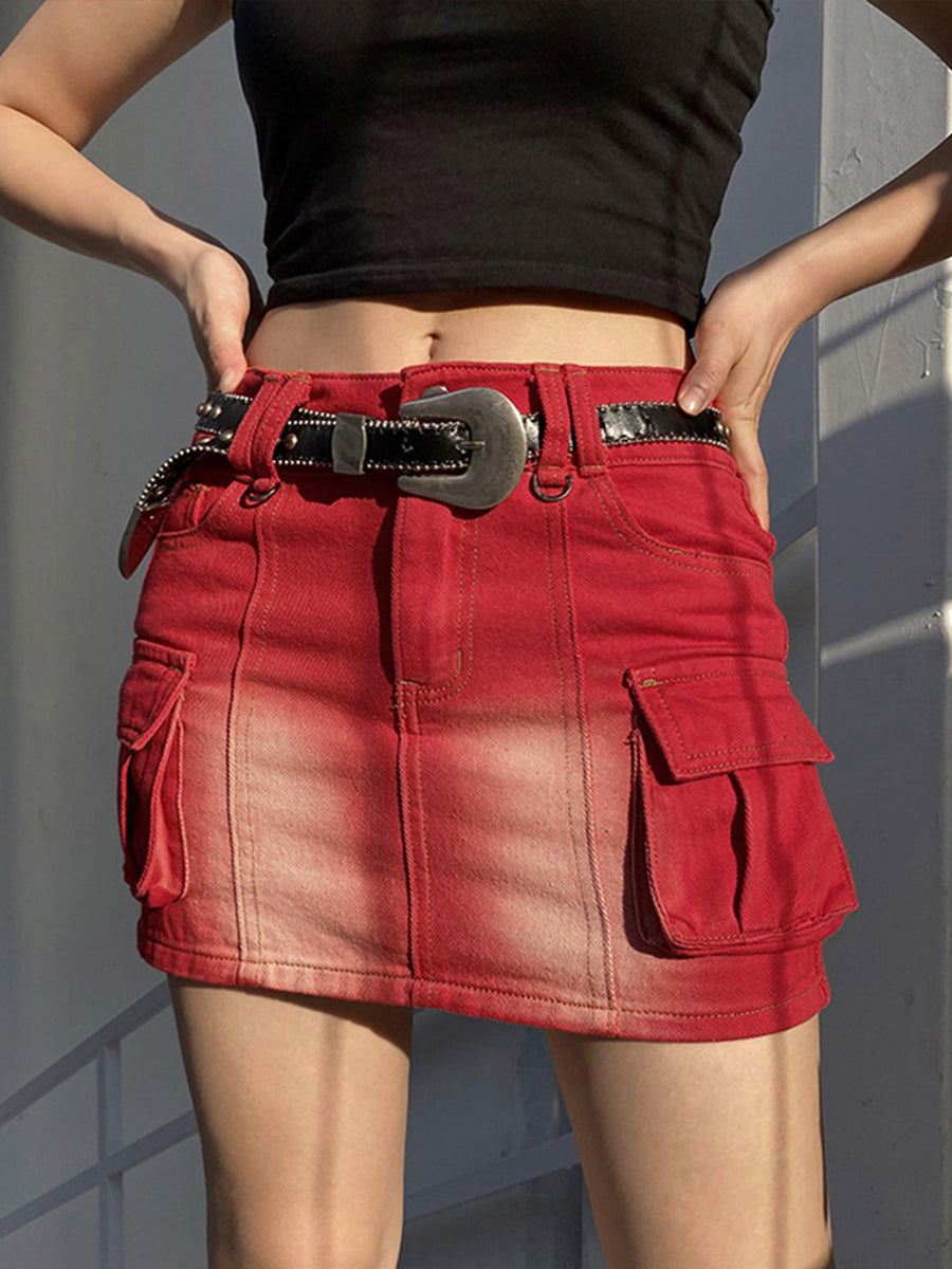 Y2K Vintage Large Pockets High Waist Slim Fit Wrap Hip Denim Skirt
