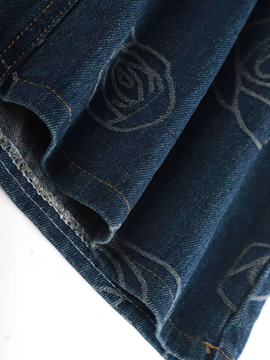 Rose Printed Belt Decoration Blue Denim Skirt