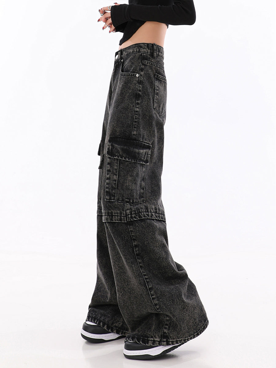 Vintage Black Irregular Loose Cargo Jeans