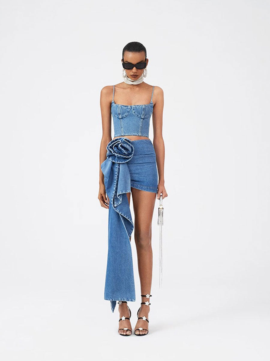 Blue Denim Zipper Cami Top + Floral Irregular Skirt Set