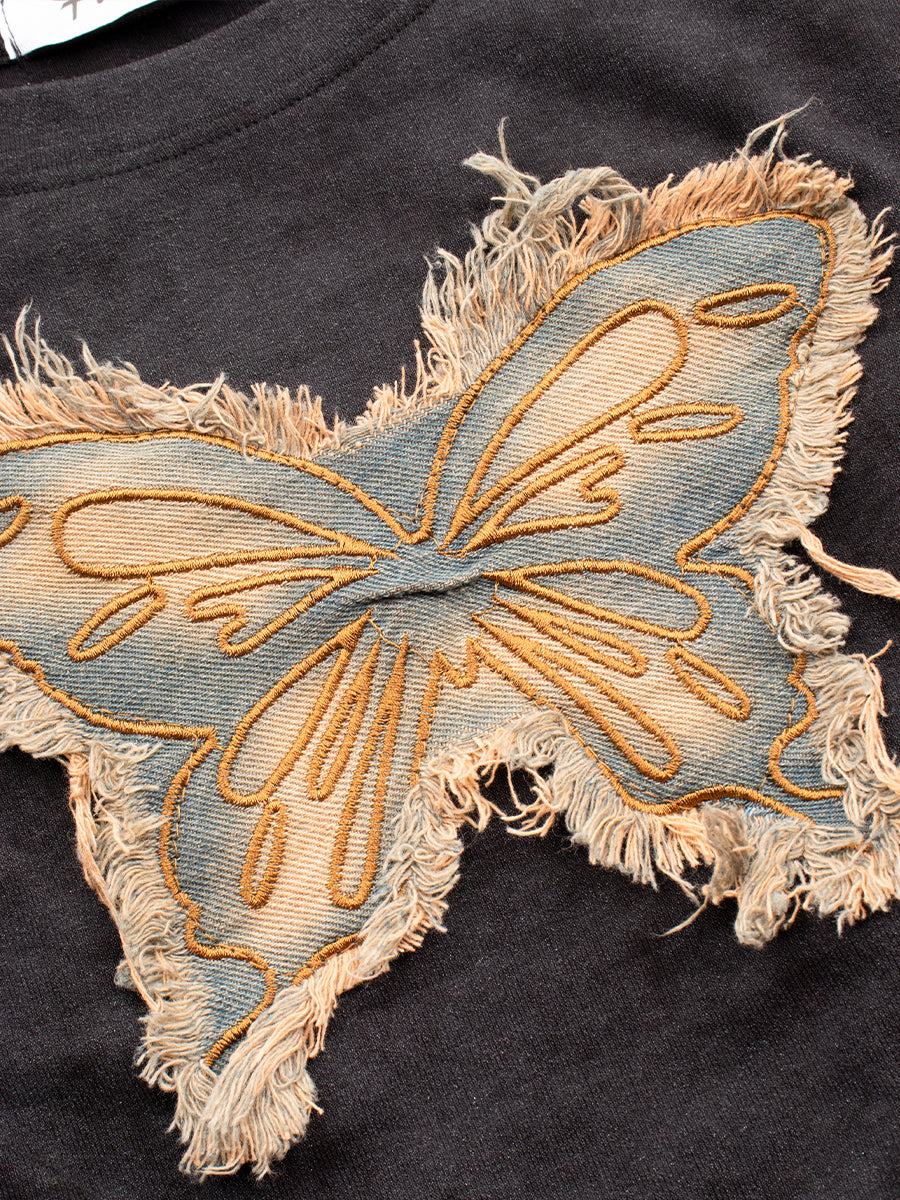 Round Neck Denim Butterfly Embroidery Tie-Dye Short Sleeve Crop Top