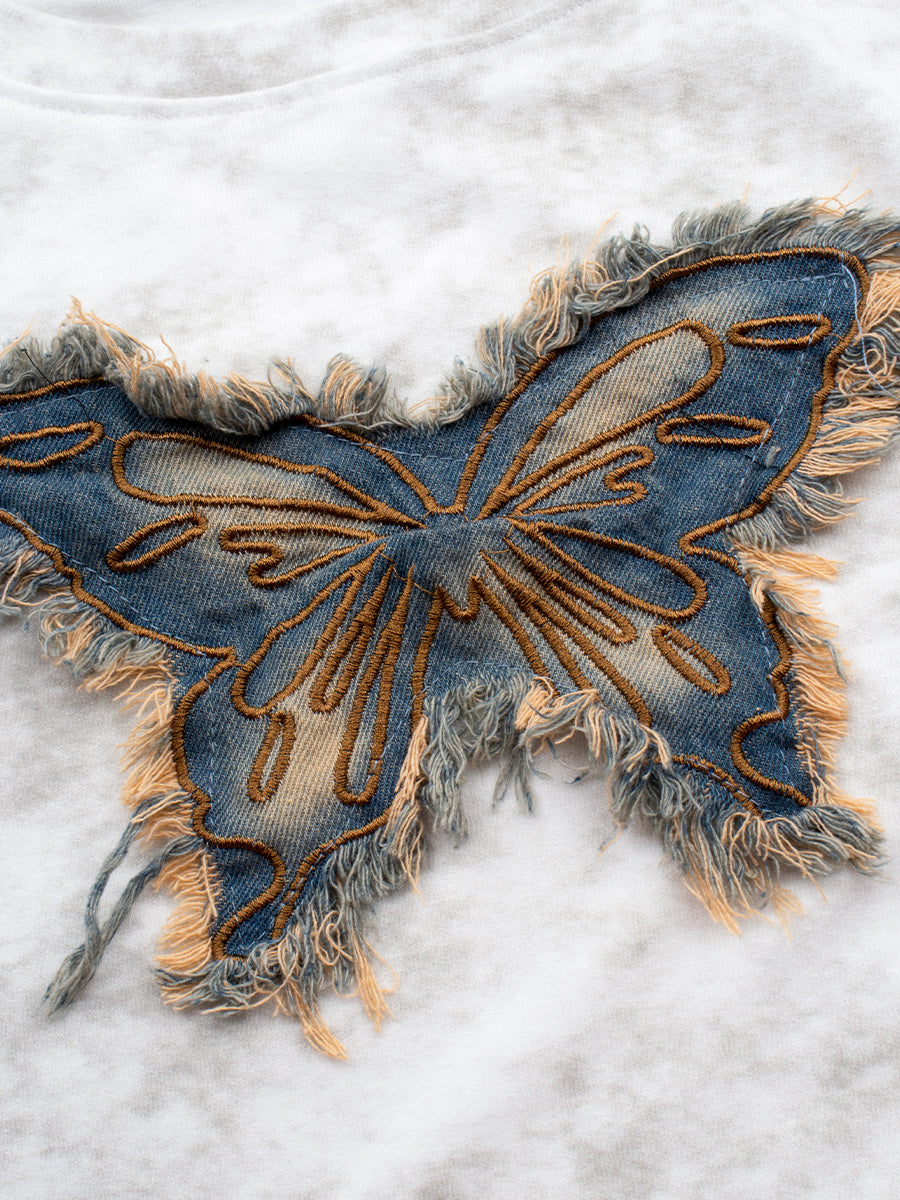 Round Neck Denim Butterfly Embroidery Tie-Dye Short Sleeve Crop Top