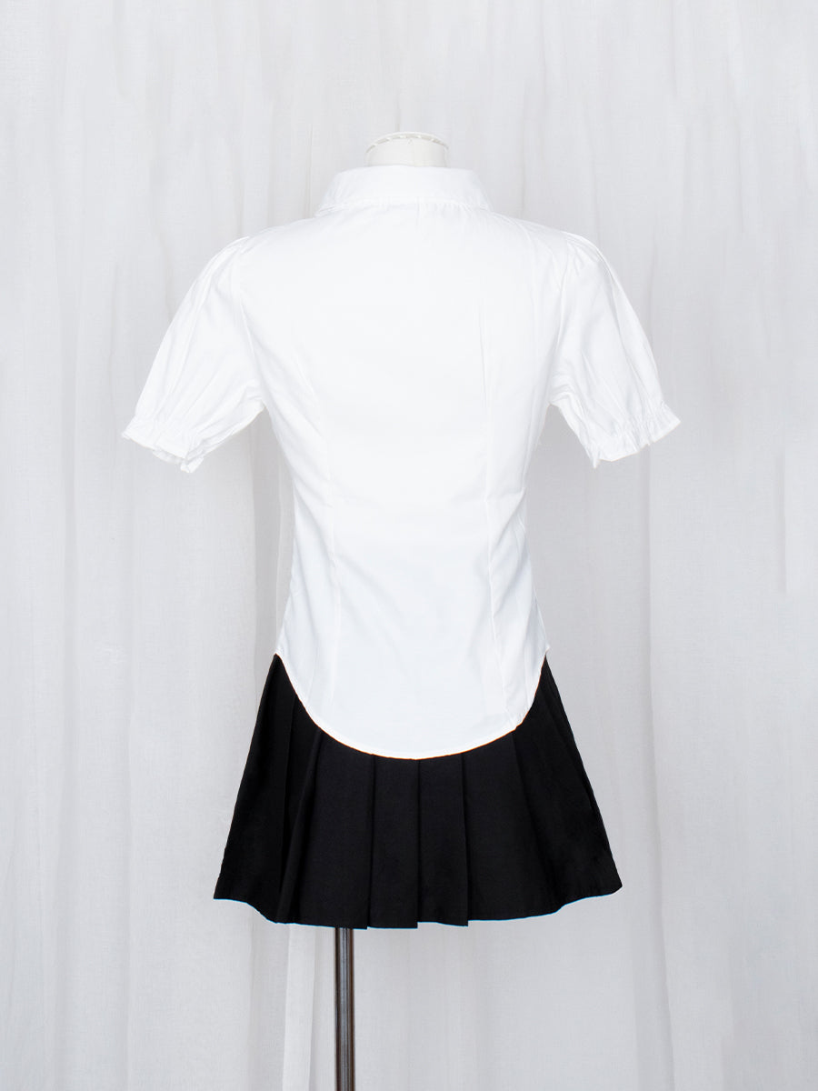 Button-Up Shirt Crop Top with Red Bow-tie