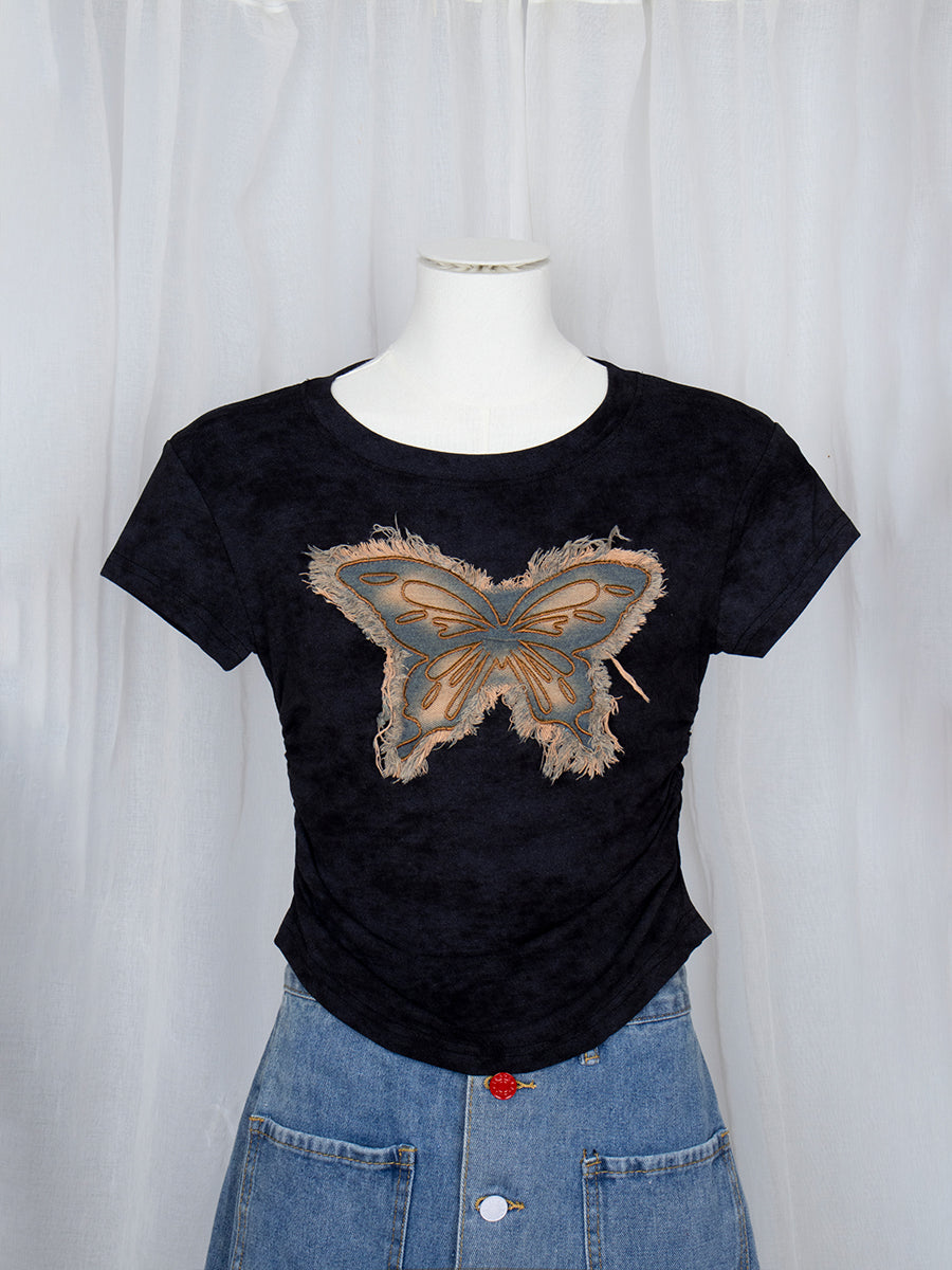 Round Neck Denim Butterfly Embroidery Tie-Dye Short Sleeve Crop Top