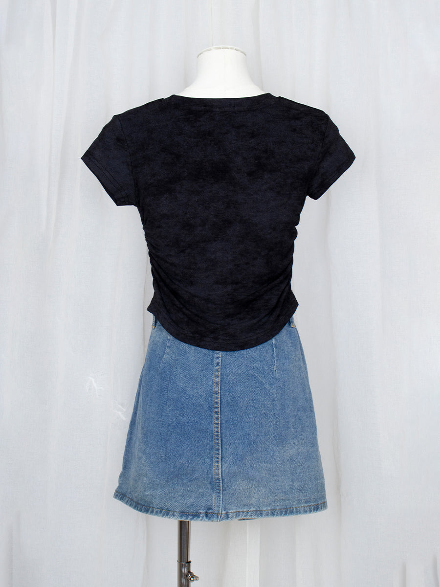 Round Neck Denim Butterfly Embroidery Tie-Dye Short Sleeve Crop Top