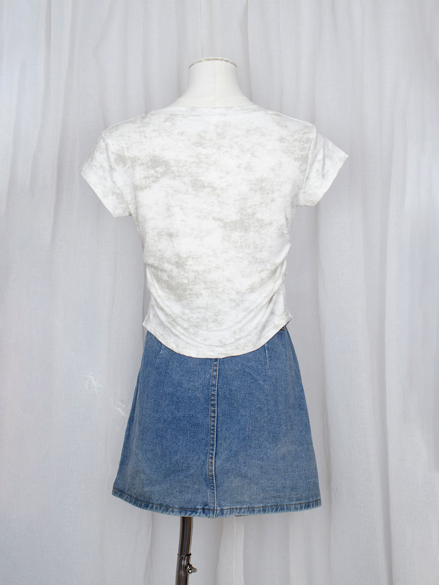 Round Neck Denim Butterfly Embroidery Tie-Dye Short Sleeve Crop Top